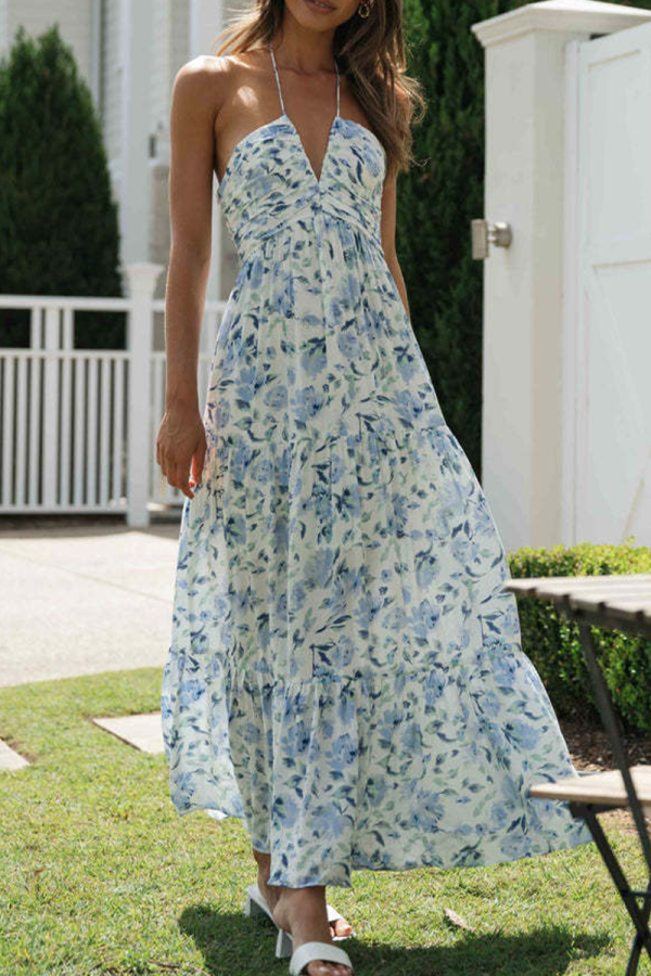 Sexy Sweet Floral Frenulum V Neck A Line Dresses