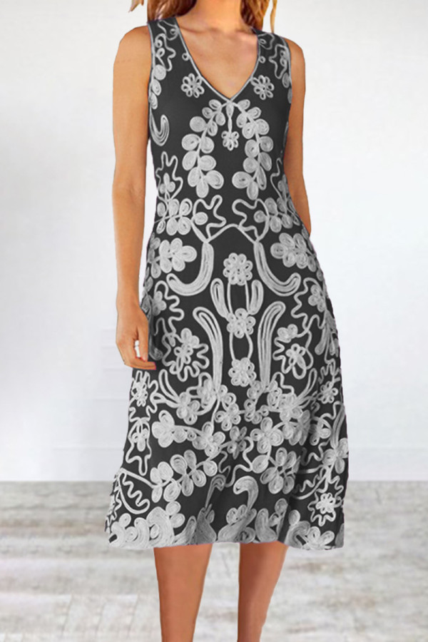 Casual Vintage Print Patchwork V Neck Vest Dress Dresses