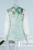 Sweet Elegant Print Lace Patchwork V Neck Tops