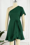 Street Simplicity Solid Flounce Oblique Collar Irregular Dress Dresses