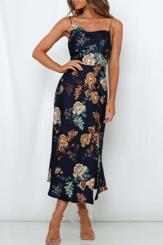 Sexy College Print Slit Asymmetrical Collar Sling Dress Dresses