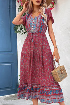 Bohemian Vacation Print Buckle V Neck A Line Dresses