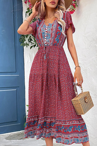 Bohemian Vacation Print Buckle V Neck A Line Dresses