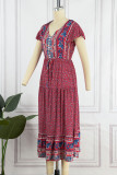 Bohemian Vacation Print Buckle V Neck A Line Dresses
