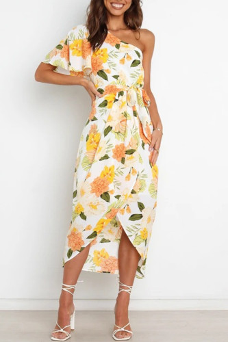 Sweet Elegant Floral Frenulum Oblique Collar Irregular Dress Dresses