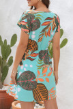 Casual Vacation Floral Frenulum V Neck Short Sleeve Dress