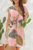 Casual Vacation Floral Frenulum V Neck Short Sleeve Dress