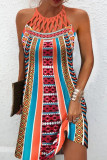 Elegant College National Totem Patchwork Halter Printed Dress Dresses