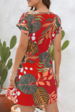 Casual Vacation Floral Frenulum V Neck Short Sleeve Dress