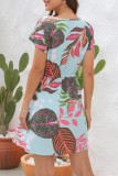 Casual Vacation Floral Frenulum V Neck Short Sleeve Dress