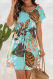 Casual Vacation Floral Frenulum V Neck Short Sleeve Dress