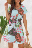 Casual Vacation Floral Frenulum V Neck Short Sleeve Dress
