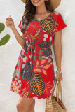 Casual Vacation Floral Frenulum V Neck Short Sleeve Dress
