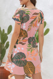 Casual Vacation Floral Frenulum V Neck Short Sleeve Dress
