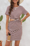 Casual Striped Hollowed Out Asymmetrical O Neck Dresses