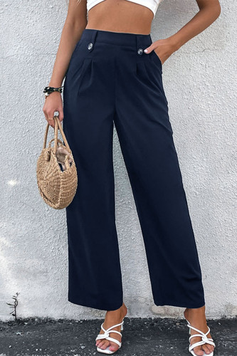 Work British Style Solid Buttons High Waist Wide Leg Solid Color Bottoms