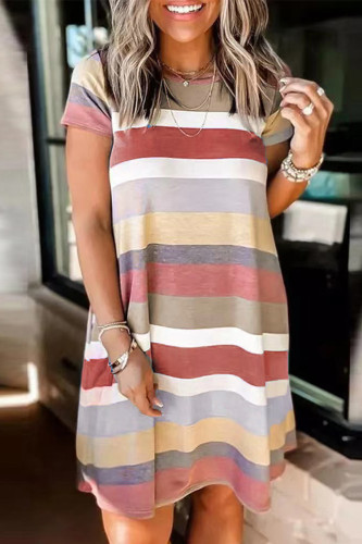 Casual Street Striped Patchwork Pocket O Neck T-shirt Dress Short Sleeve Dress