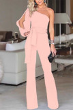 Casual Street Solid Frenulum Oblique Collar Loose Jumpsuits