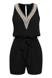 Casual Simplicity Solid Patchwork V Neck Loose Rompers