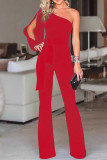 Casual Street Solid Frenulum Oblique Collar Loose Jumpsuits