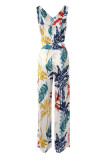 Casual Vacation Floral Patchwork V Neck Sleeveless Two Pieces