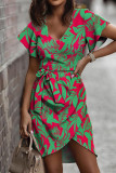 Casual Sweet Print Patchwork Frenulum V Neck Irregular Dress Dresses