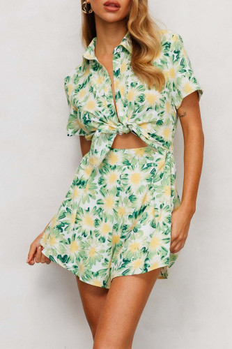 Casual Vacation Floral Frenulum Turndown Collar Loose Rompers