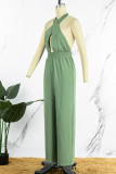 Casual Vacation Solid Frenulum Cross Straps Halter Straight Jumpsuits