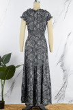 Bohemian College Print Fold V Neck A Line Dresses