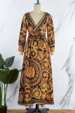 Bohemian Print Patchwork With Belt V Neck Printed Dress Dresses