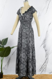 Bohemian College Print Fold V Neck A Line Dresses