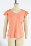 Casual Simplicity Solid Flounce V Neck T-Shirts