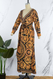 Bohemian Print Patchwork With Belt V Neck Printed Dress Dresses