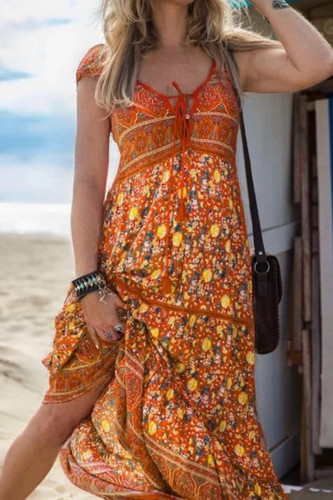 Bohemian College Vacation Print Patchwork V Neck Short Sleeve Dress Dresses