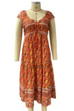 Bohemian College Vacation Print Patchwork V Neck Short Sleeve Dress Dresses