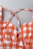 Sweet Vacation Plaid Backless Square Collar Beach Dress Short Sleeve Dress
