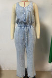 Casual Street Print Patchwork Pocket U Neck Sleeveless Loose Denim Jumpsuits