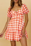 Sweet Vacation Plaid Backless Square Collar Beach Dress Short Sleeve Dress