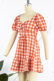 Sweet Vacation Plaid Backless Square Collar Beach Dress Short Sleeve Dress