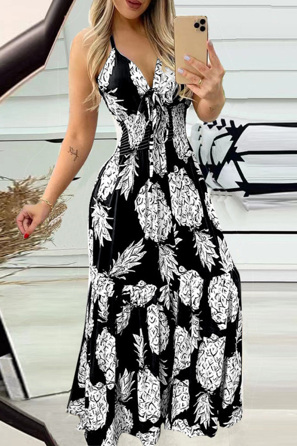 Sexy Vacation Print Patchwork V Neck Sling Dress Dresses