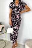 Fashion Casual Printed Ruffle V Neck Loose Slim Jumpsuit