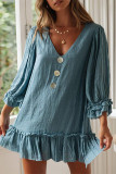 Casual Simplicity Solid Buckle Flounce V Neck Straight Dresses