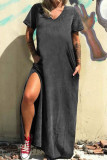 Casual Simplicity Solid Pocket Slit V Neck T-shirt Dress Dresses