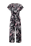 Fashion Casual Printed Ruffle V Neck Loose Slim Jumpsuit