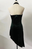 Sexy Simplicity Solid Backless Asymmetrical V Neck Irregular Dress Dresses