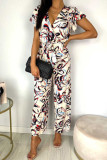 Fashion Casual Printed Ruffle V Neck Loose Slim Jumpsuit