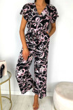 Fashion Casual Printed Ruffle V Neck Loose Slim Jumpsuit