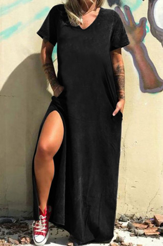 Casual Simplicity Solid Pocket Slit V Neck T-shirt Dress Dresses