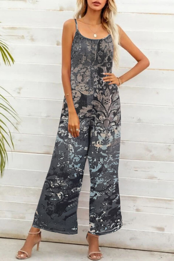 Casual Print Patchwork U Neck Loose Jumpsuits