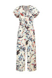Fashion Casual Printed Ruffle V Neck Loose Slim Jumpsuit